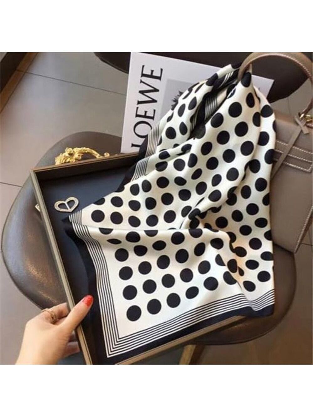 Black White Polka Dot Silk Feel Retro Scarf